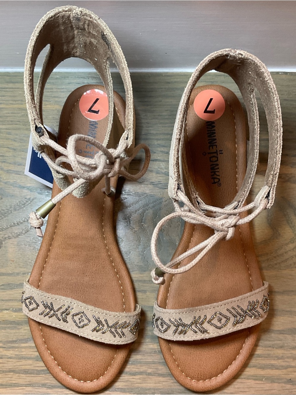 Minnetonka Taupe Suede Embroidered Lace-Up Ankle Sandal (7) - Picture 6 of 12
